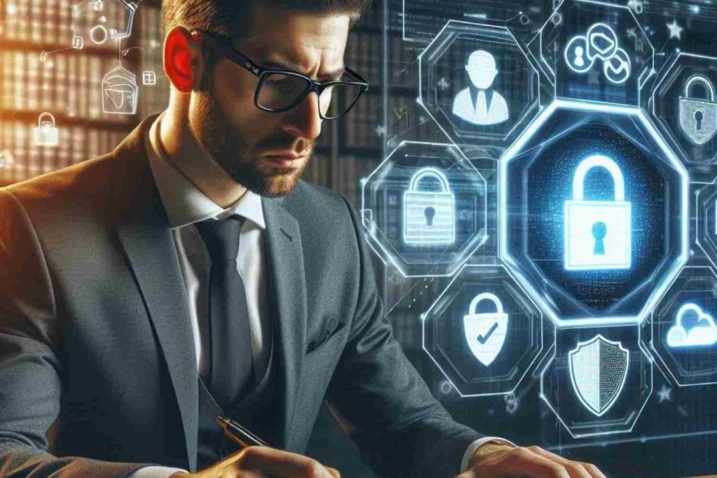 Crée une image percutante pour illustrer un article sur la conformité RGPD des sites web. L’image doit inclure un homme d’affaires sérieux en costume, travaillant sur un ordinateur avec une interface numérique affichant des icônes de protection des données (cadenas, bouclier, documents légaux). En arrière-plan, une bannière de consentement aux cookies et un cadenas symbolisant la sécurité des données personnelles. Le ton doit être professionnel et moderne, avec des couleurs bleues et blanches évoquant la cybersécurité et la confiance. Ajoute le texte : 'Votre site est-il conforme au RGPD ? Découvrez les 5 étapes clés !' en police élégante et lisible.