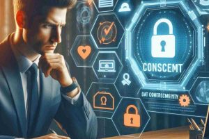Crée une image percutante pour illustrer un article sur la conformité RGPD des sites web. L’image doit inclure un homme d’affaires sérieux en costume, travaillant sur un ordinateur avec une interface numérique affichant des icônes de protection des données (cadenas, bouclier, documents légaux). En arrière-plan, une bannière de consentement aux cookies et un cadenas symbolisant la sécurité des données personnelles. Le ton doit être professionnel et moderne, avec des couleurs bleues et blanches évoquant la cybersécurité et la confiance. Ajoute le texte : 'Votre site est-il conforme au RGPD ? Découvrez les 5 étapes clés !' en police élégante et lisible.