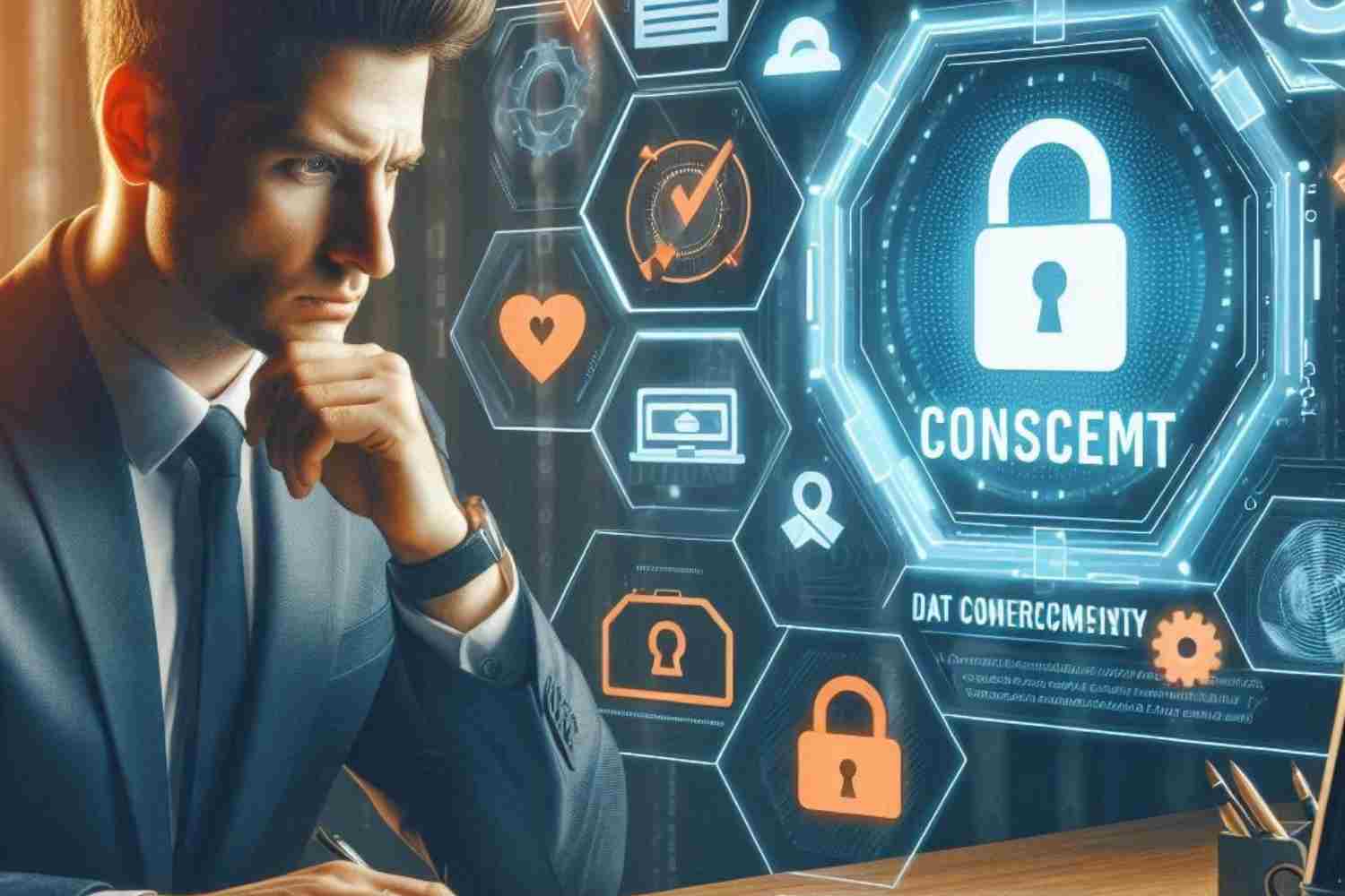 Crée une image percutante pour illustrer un article sur la conformité RGPD des sites web. L’image doit inclure un homme d’affaires sérieux en costume, travaillant sur un ordinateur avec une interface numérique affichant des icônes de protection des données (cadenas, bouclier, documents légaux). En arrière-plan, une bannière de consentement aux cookies et un cadenas symbolisant la sécurité des données personnelles. Le ton doit être professionnel et moderne, avec des couleurs bleues et blanches évoquant la cybersécurité et la confiance. Ajoute le texte : 'Votre site est-il conforme au RGPD ? Découvrez les 5 étapes clés !' en police élégante et lisible.